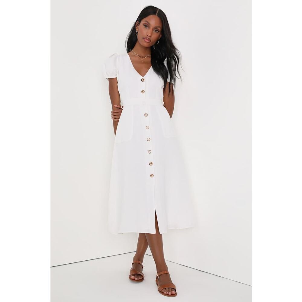 NWT Lulus Sicily Sweetheart White Button-Front Puff Sleeve Midi Dress Size S